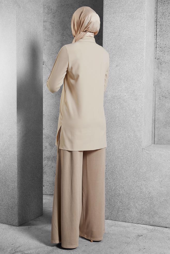 Tesettür giyim EKRU GÖMLEK YAKA TUNİK 45295 - ALVİNA