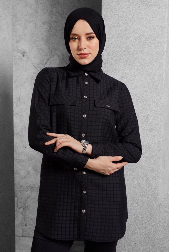 Tesettür giyim SİYAH GÖMLEK YAKA TUNİK 45296 - ALVİNA