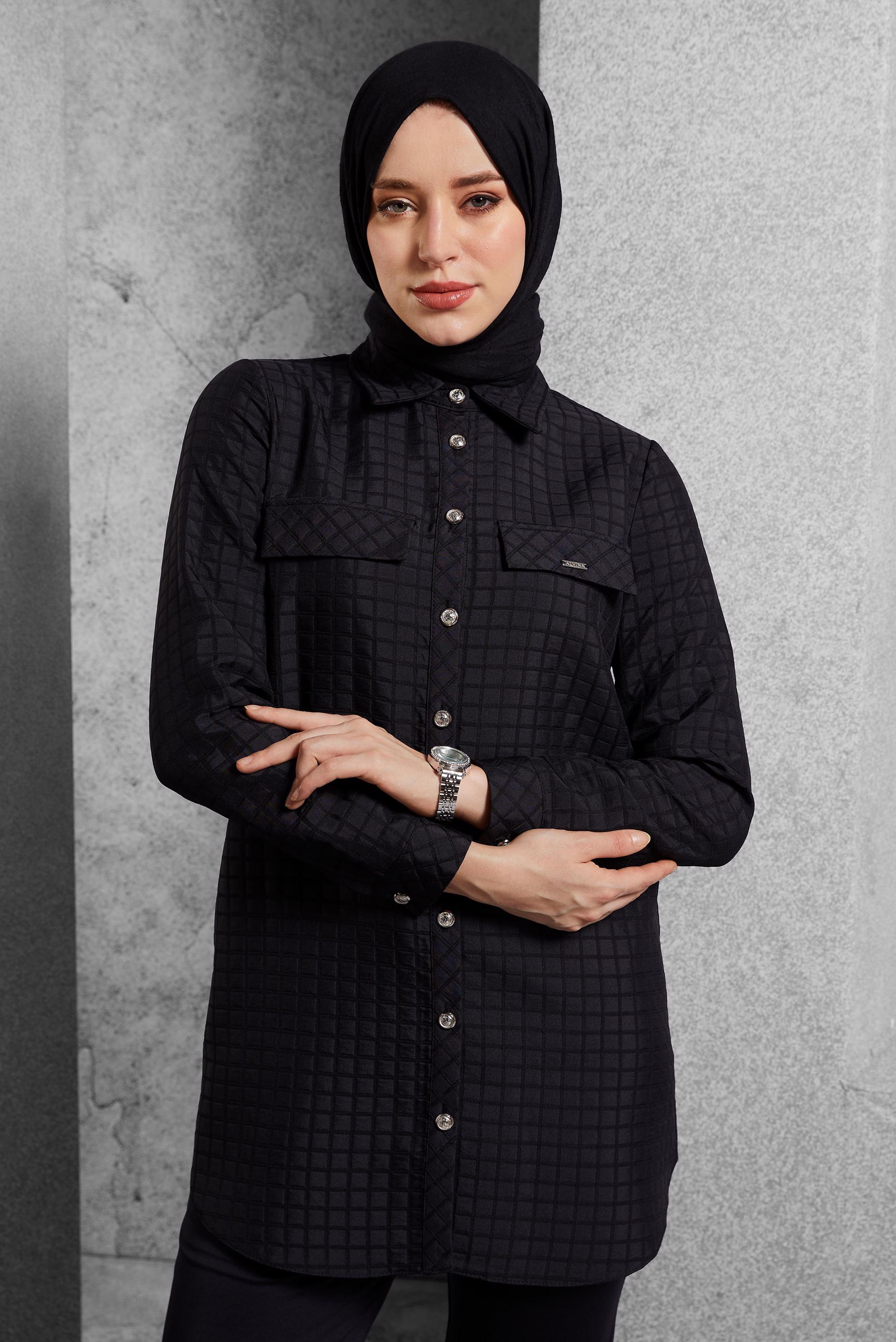 Vêtements hijab NOIR TUNIQUE COL CHEMISE  45296