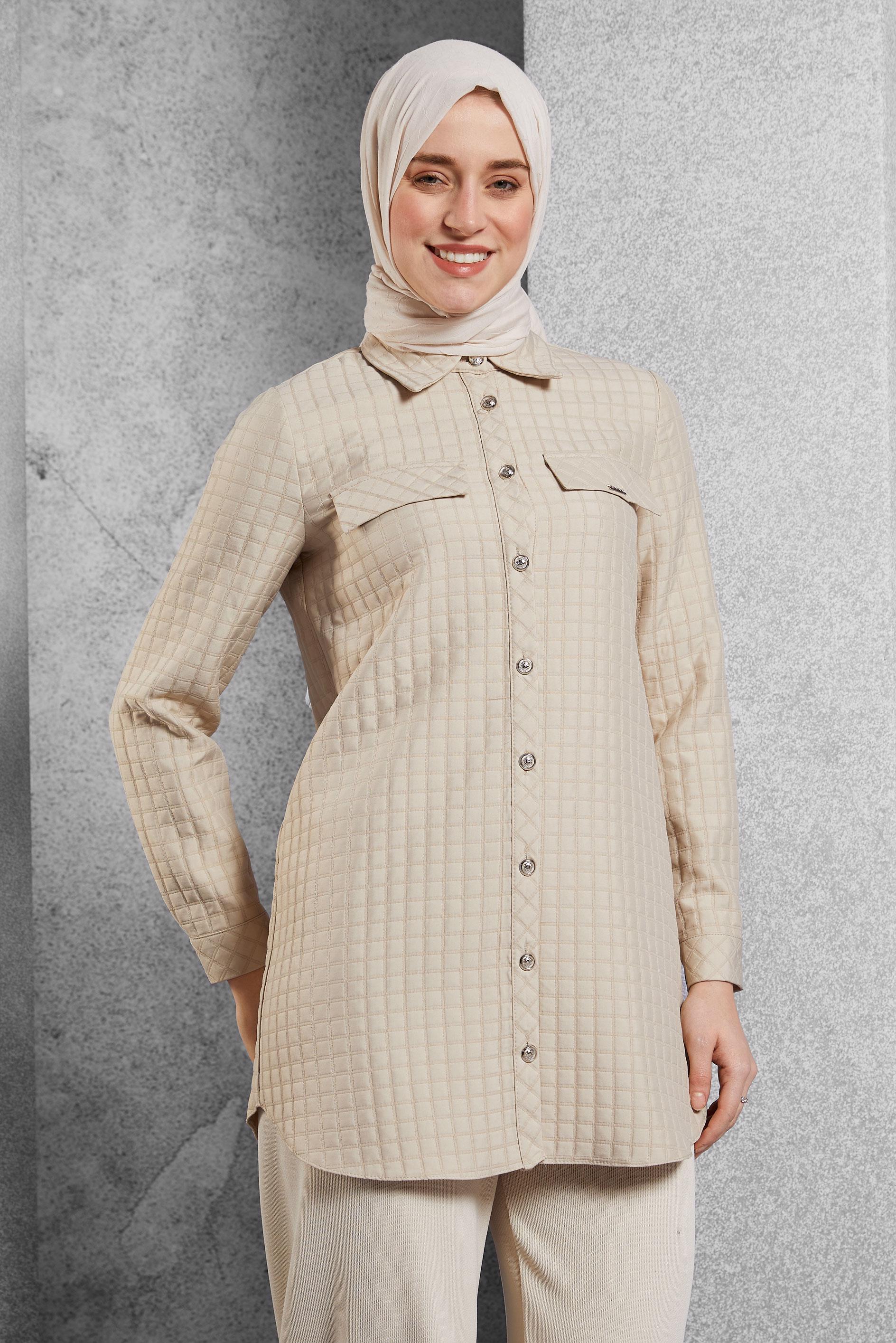 Vêtements hijab BEIGE TUNIQUE COL CHEMISE  45296