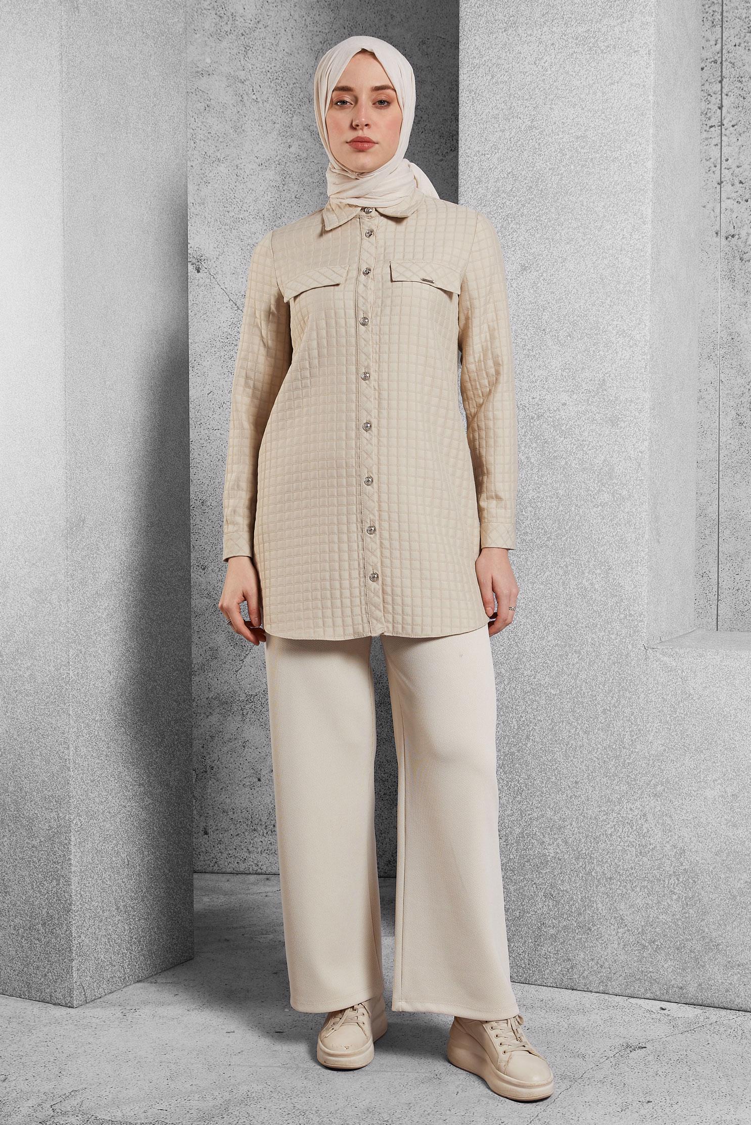 Vêtements hijab BEIGE TUNIQUE COL CHEMISE  45296