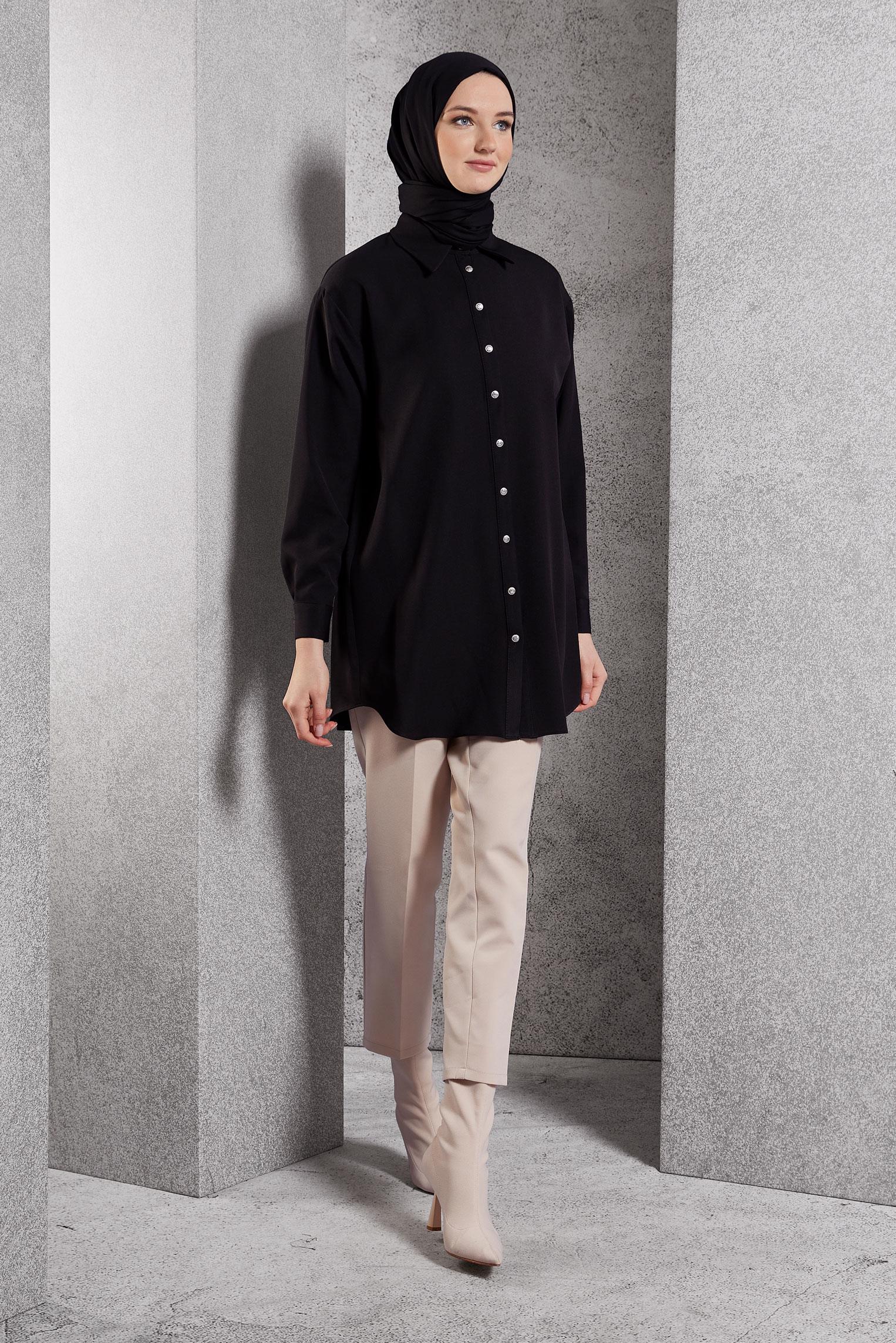 Tesettür giyim SİYAH GÖMLEK YAKA TUNİK 45068