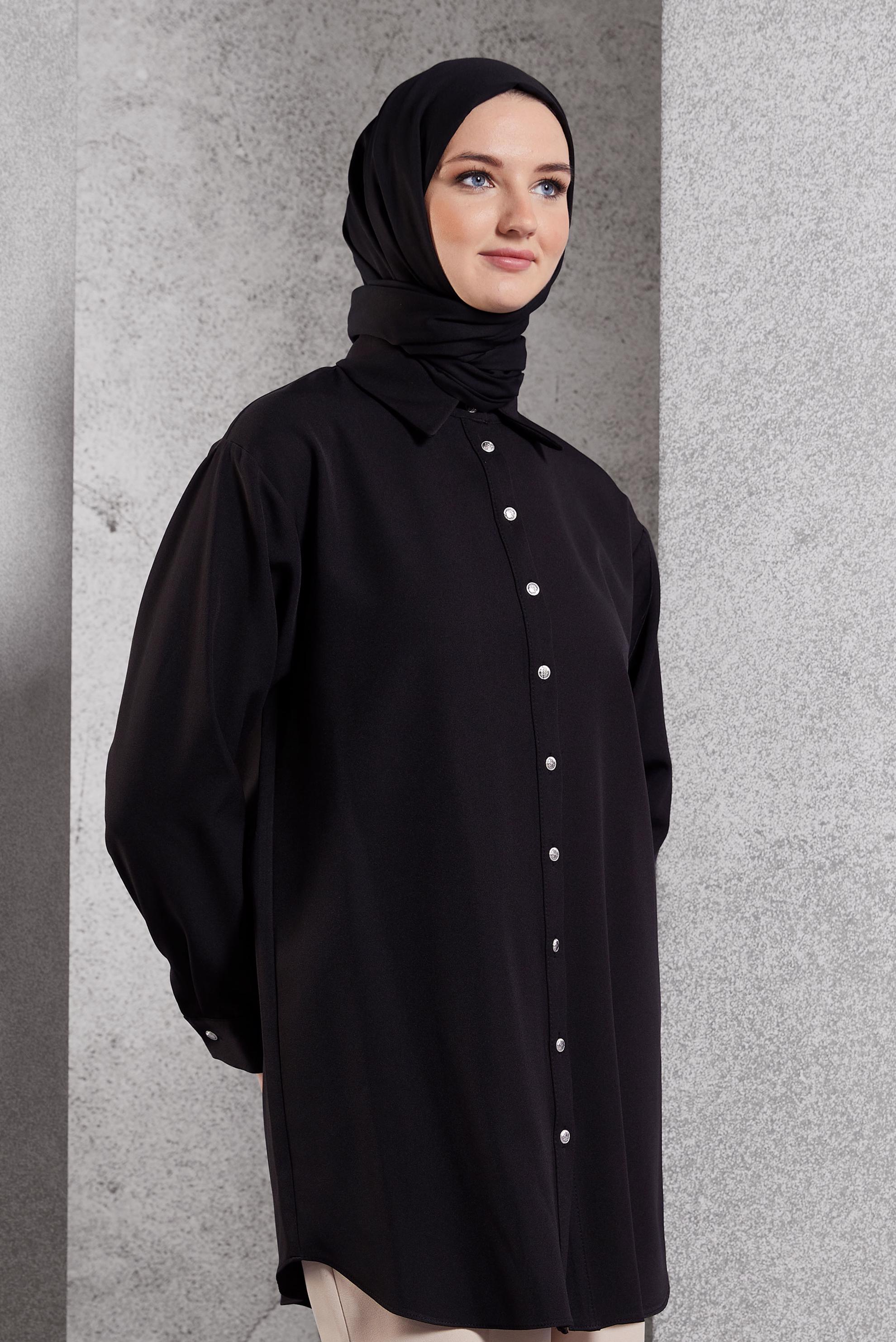 Tesettür giyim SİYAH GÖMLEK YAKA TUNİK 45068
