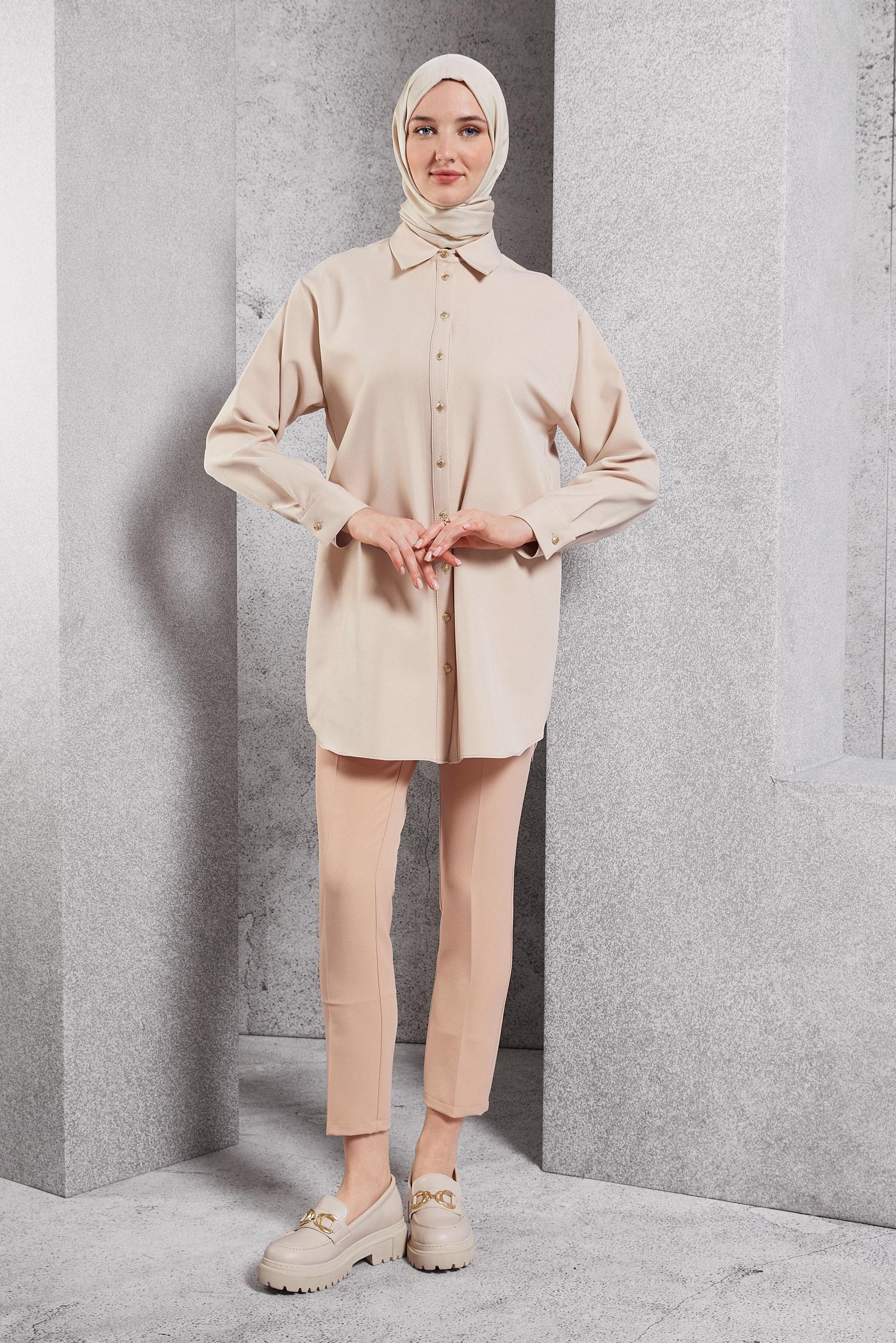 Tesettür giyim BEJ GÖMLEK YAKA TUNİK 45068