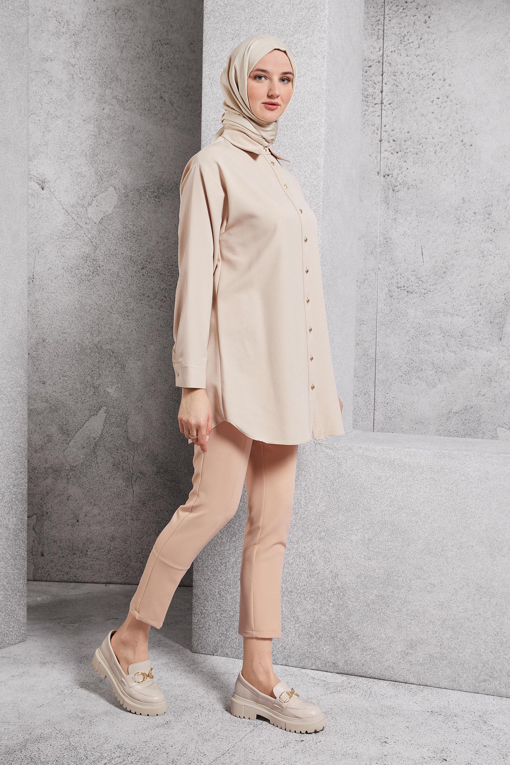 Tesettür giyim BEJ GÖMLEK YAKA TUNİK 45068