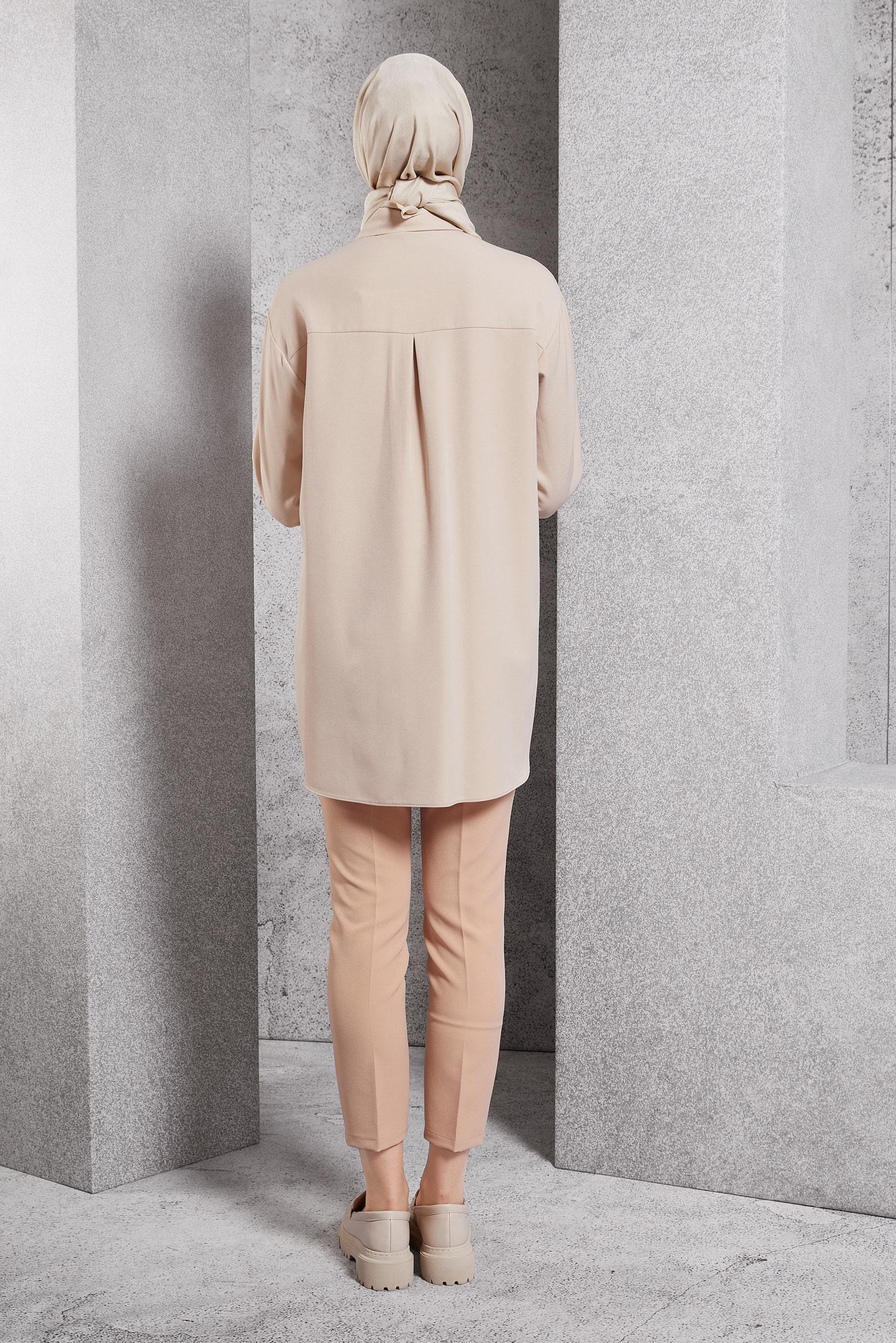 Tesettür giyim BEJ GÖMLEK YAKA TUNİK 45068