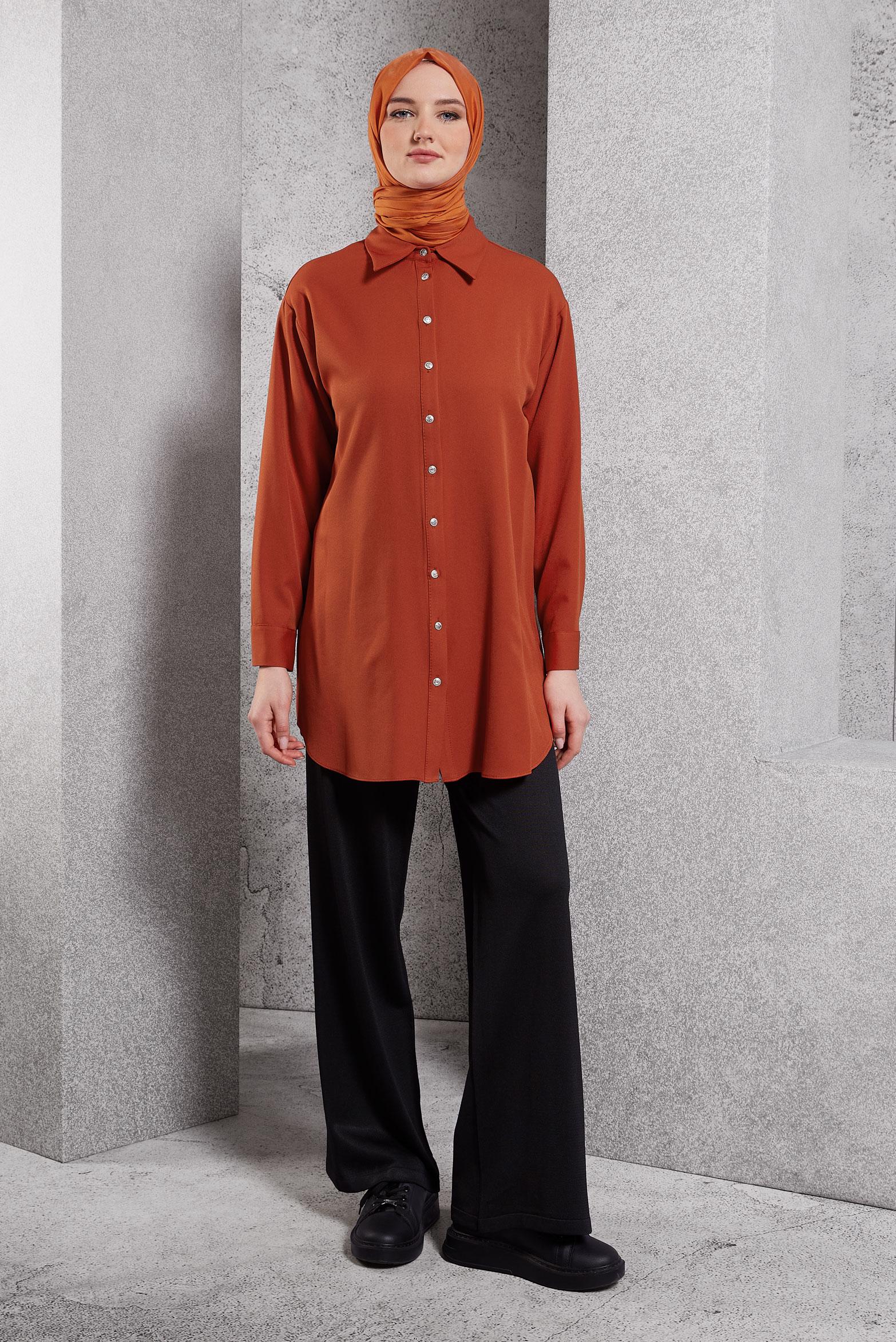 Tesettür giyim TURUNCU GÖMLEK YAKA TUNİK 45068
