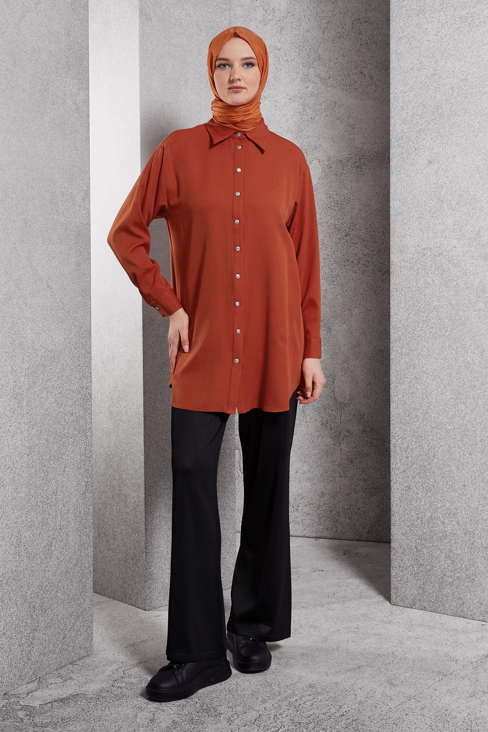 Tesettür giyim TURUNCU GÖMLEK YAKA TUNİK 45068