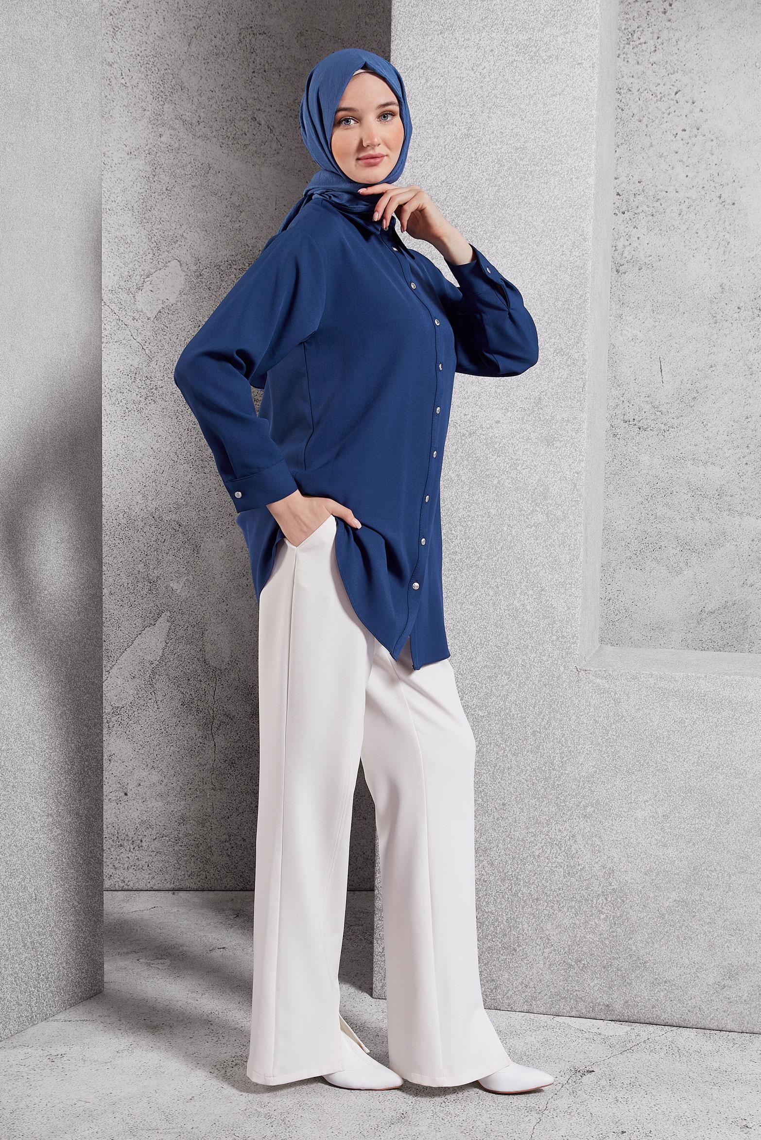 Tesettür giyim LACİVERT GÖMLEK YAKA TUNİK 45068