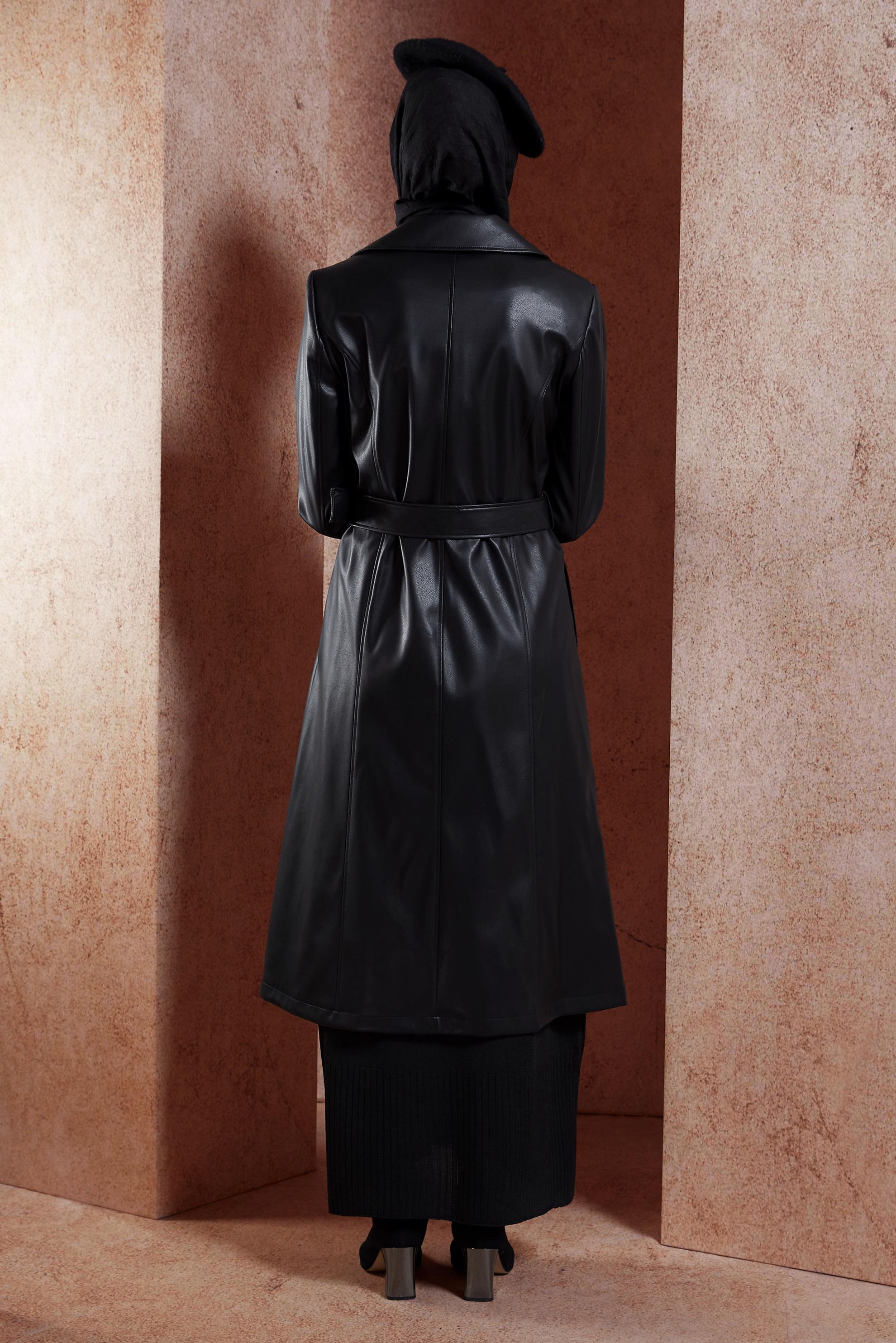 Tesettür giyim SİYAH SUNİ DERİ KEMERLİ TRENÇKOT 10905