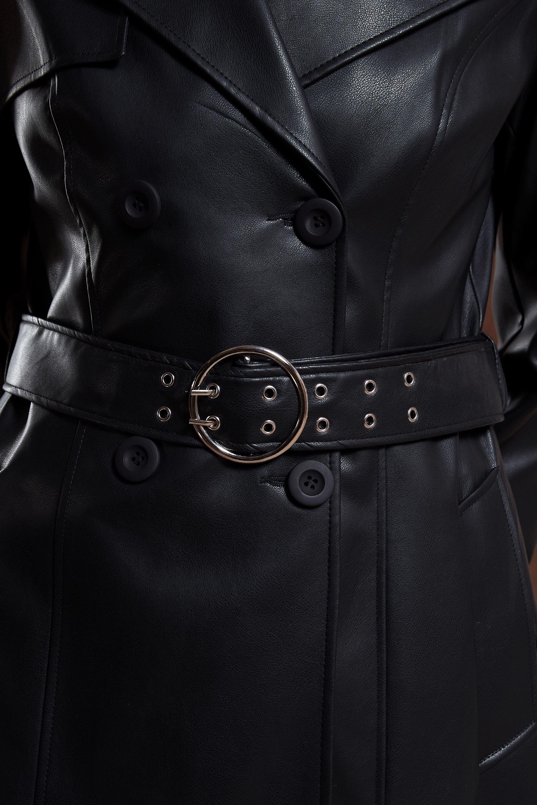 Tesettür giyim SİYAH SUNİ DERİ KEMERLİ TRENÇKOT 10905