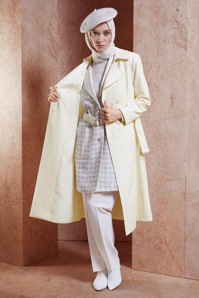 Hijab clothing WHITE FAUX LEATHER BELTED TRENCH COAT 10905 - ALVİNA