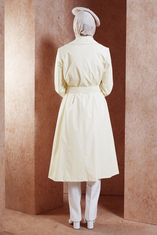 Hijab clothing WHITE FAUX LEATHER BELTED TRENCH COAT 10905 - ALVİNA