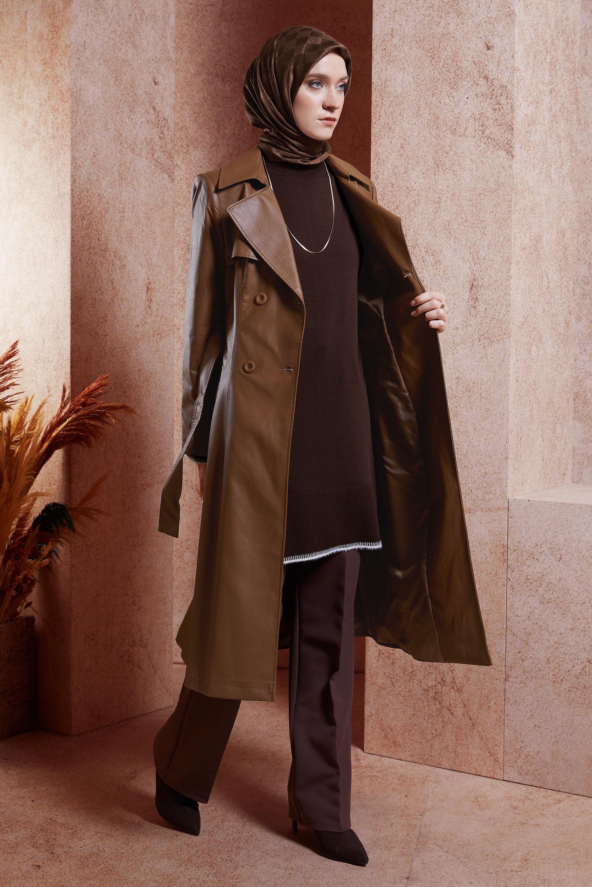 Tesettür giyim TABA SUNİ DERİ KEMERLİ TRENÇKOT 10905