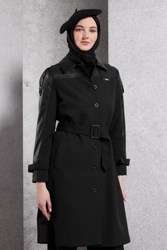 Hijab clothing BLACK BELTED TRENCH COAT 10907 - ALVİNA