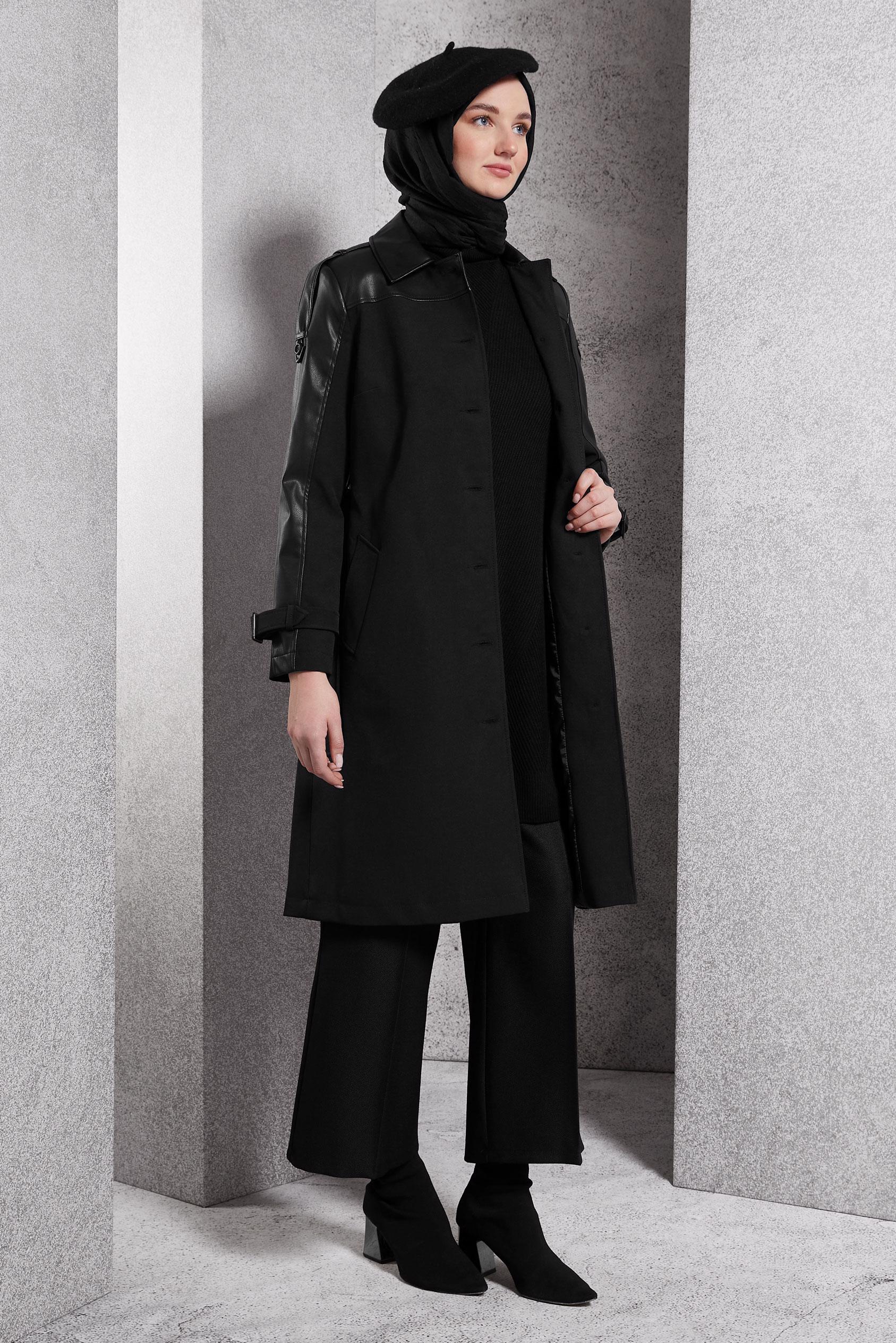 Tesettür giyim SİYAH KEMERLİ TRENÇKOT 10907