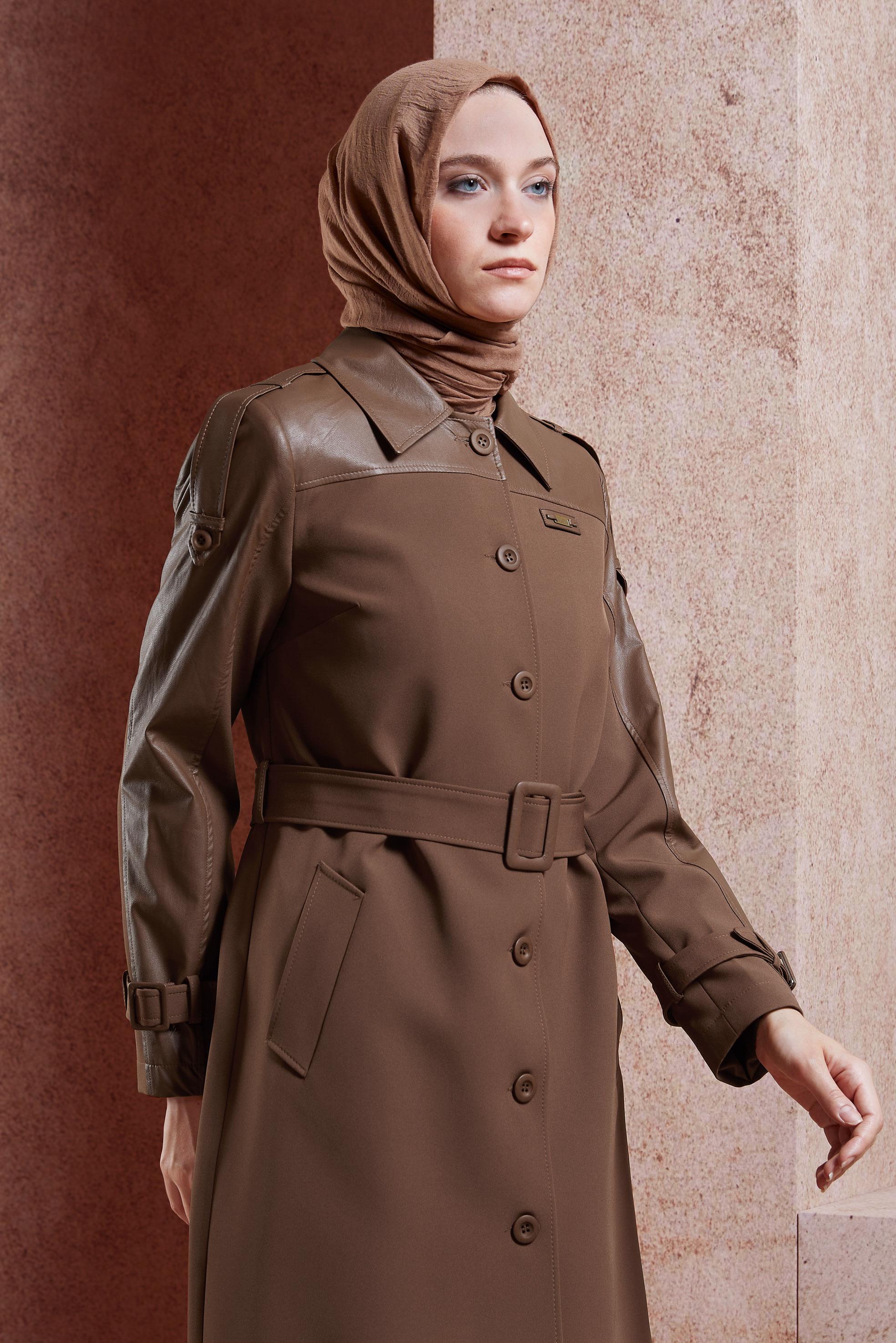Tesettür giyim KAHVE KEMERLİ TRENÇKOT 10907