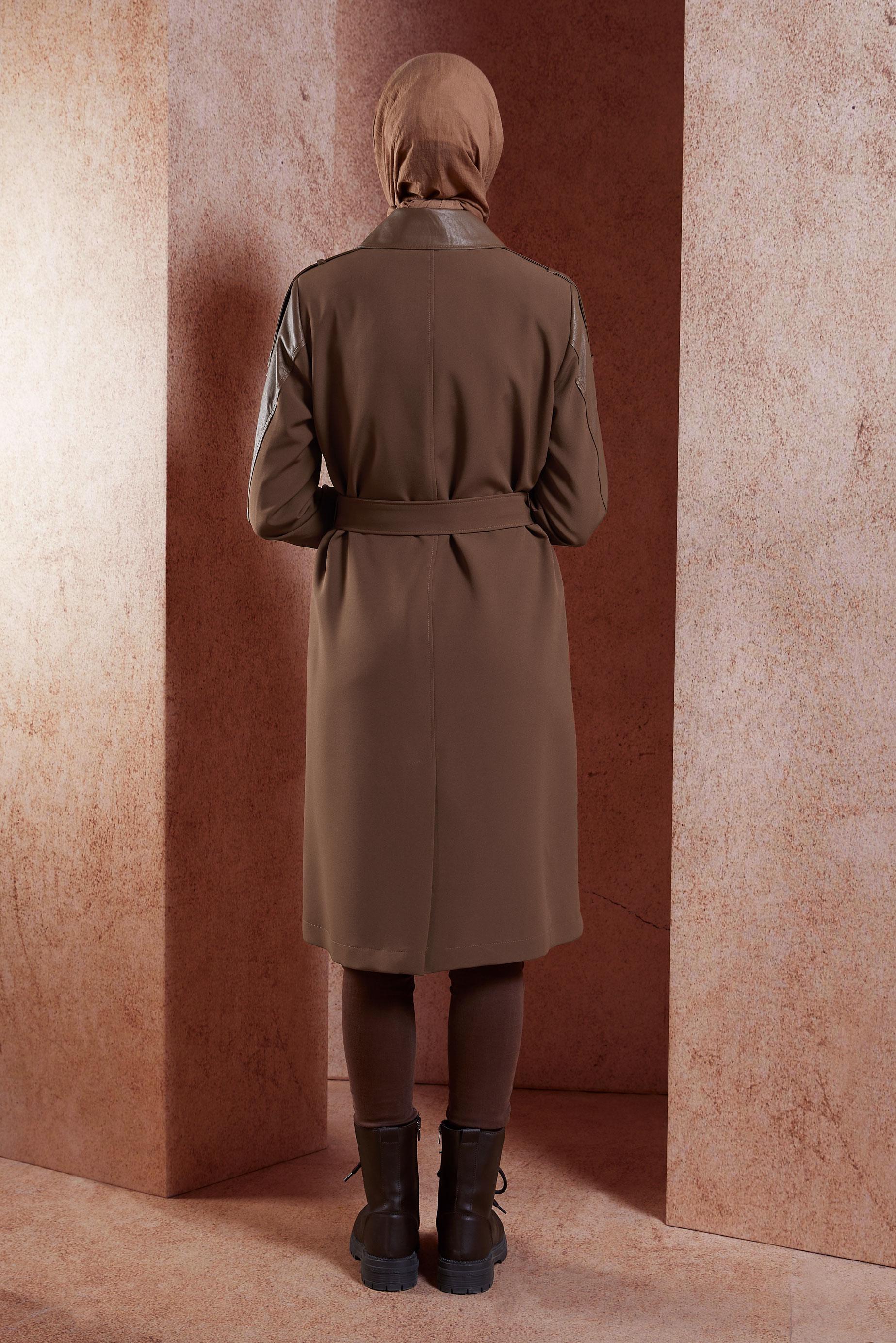 Tesettür giyim KAHVE KEMERLİ TRENÇKOT 10907
