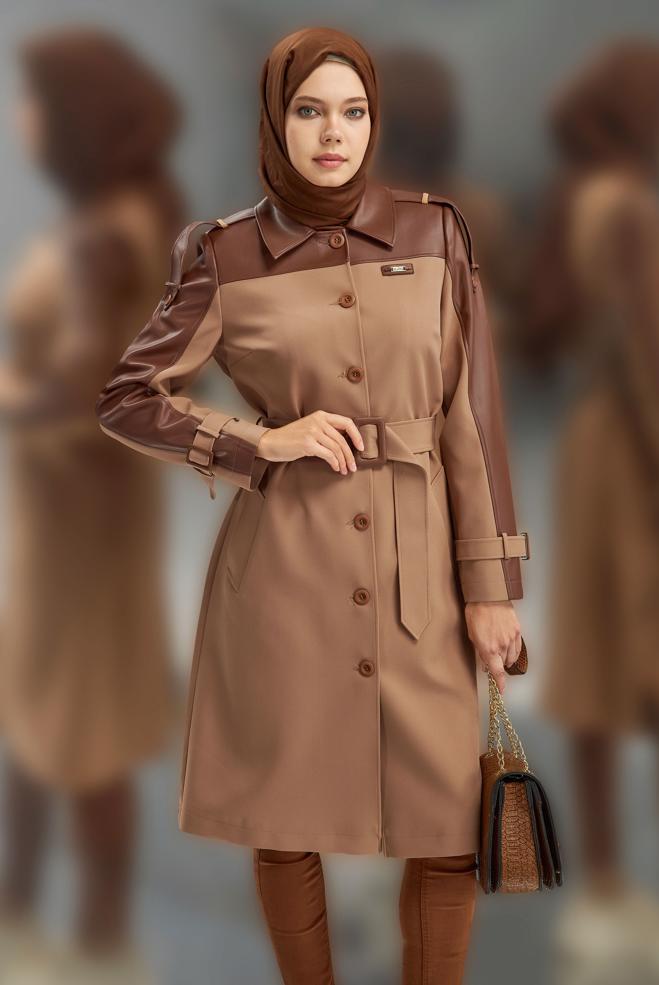 Tesettür giyim BEJ KEMERLİ TRENÇKOT 10907 - ALVİNA