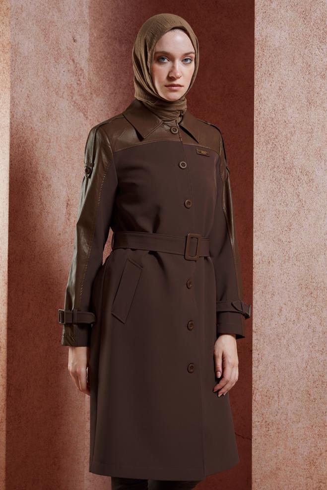 Hijab clothing BROWN BELTED TRENCH COAT 10907 - ALVİNA
