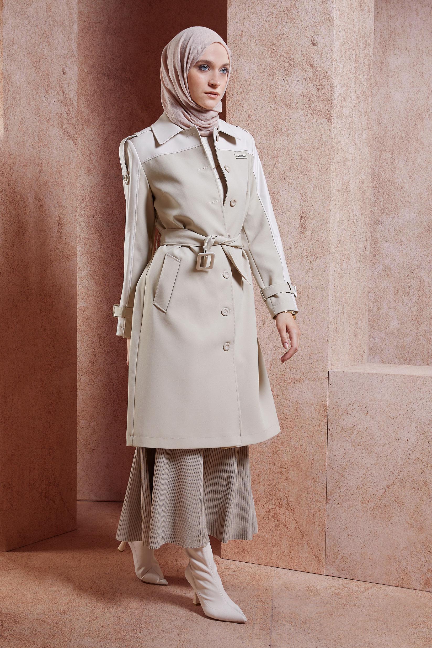 Tesettür giyim BEJ KEMERLİ TRENÇKOT 10907