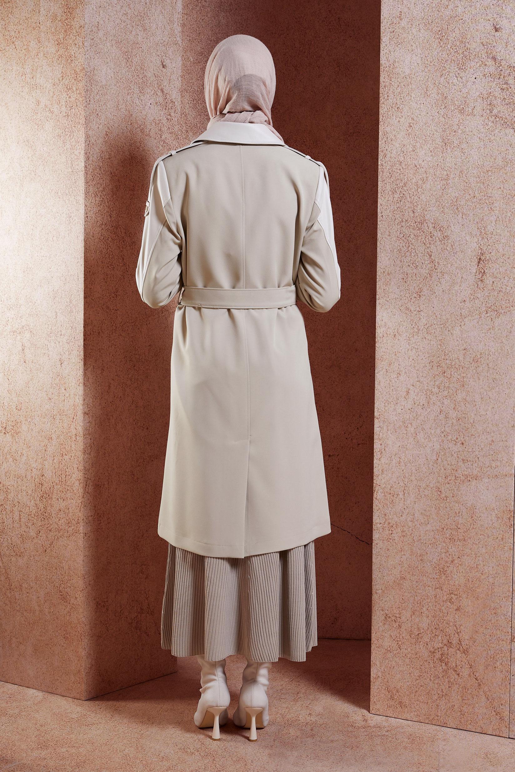 Tesettür giyim BEJ KEMERLİ TRENÇKOT 10907