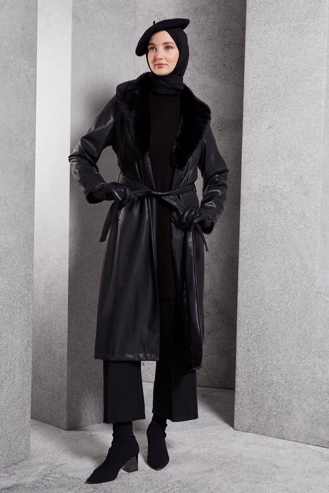 Hijab clothing BLACK FUR DETAILED TRENCH COAT 10909 - ALVİNA