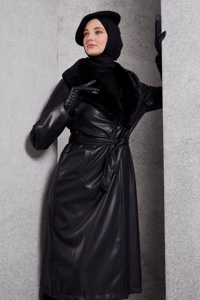 Hijab clothing BLACK FUR DETAILED TRENCH COAT 10909 - ALVİNA
