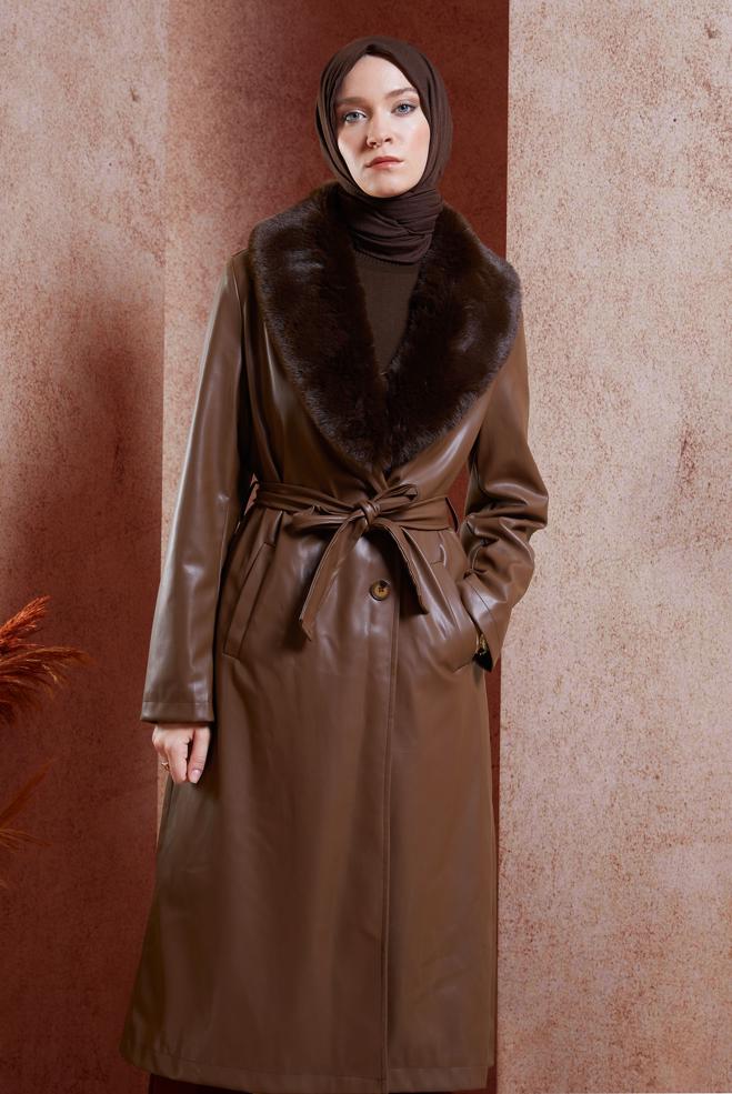 Hijab clothing BROWN FUR DETAILED TRENCH COAT 10909 - ALVİNA