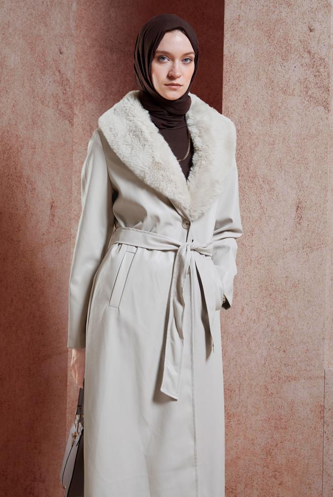 Hijab clothing BEIGE FUR DETAILED TRENCH COAT 10909 - ALVİNA