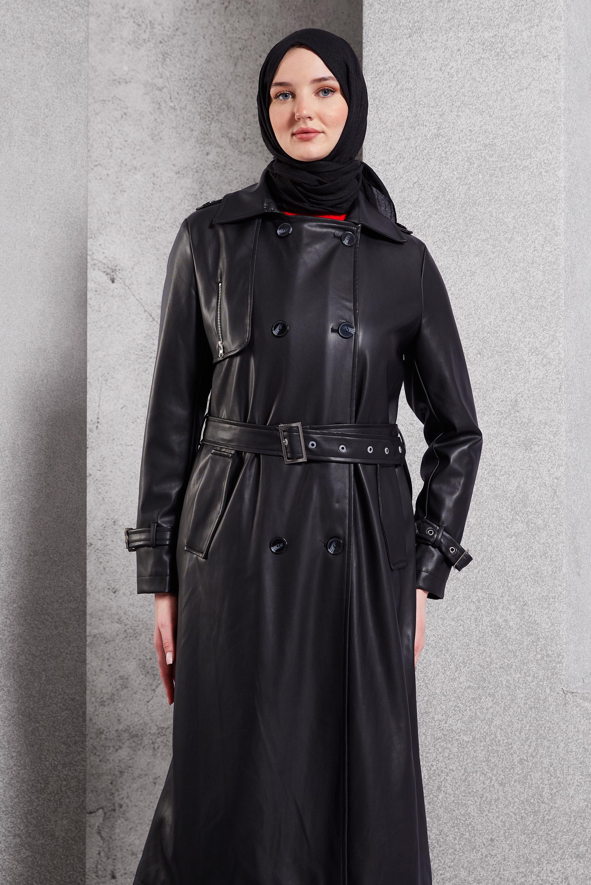 Tesettür giyim SİYAH KEMERLİ SUNİ DERİ TRENÇKOT 10910
