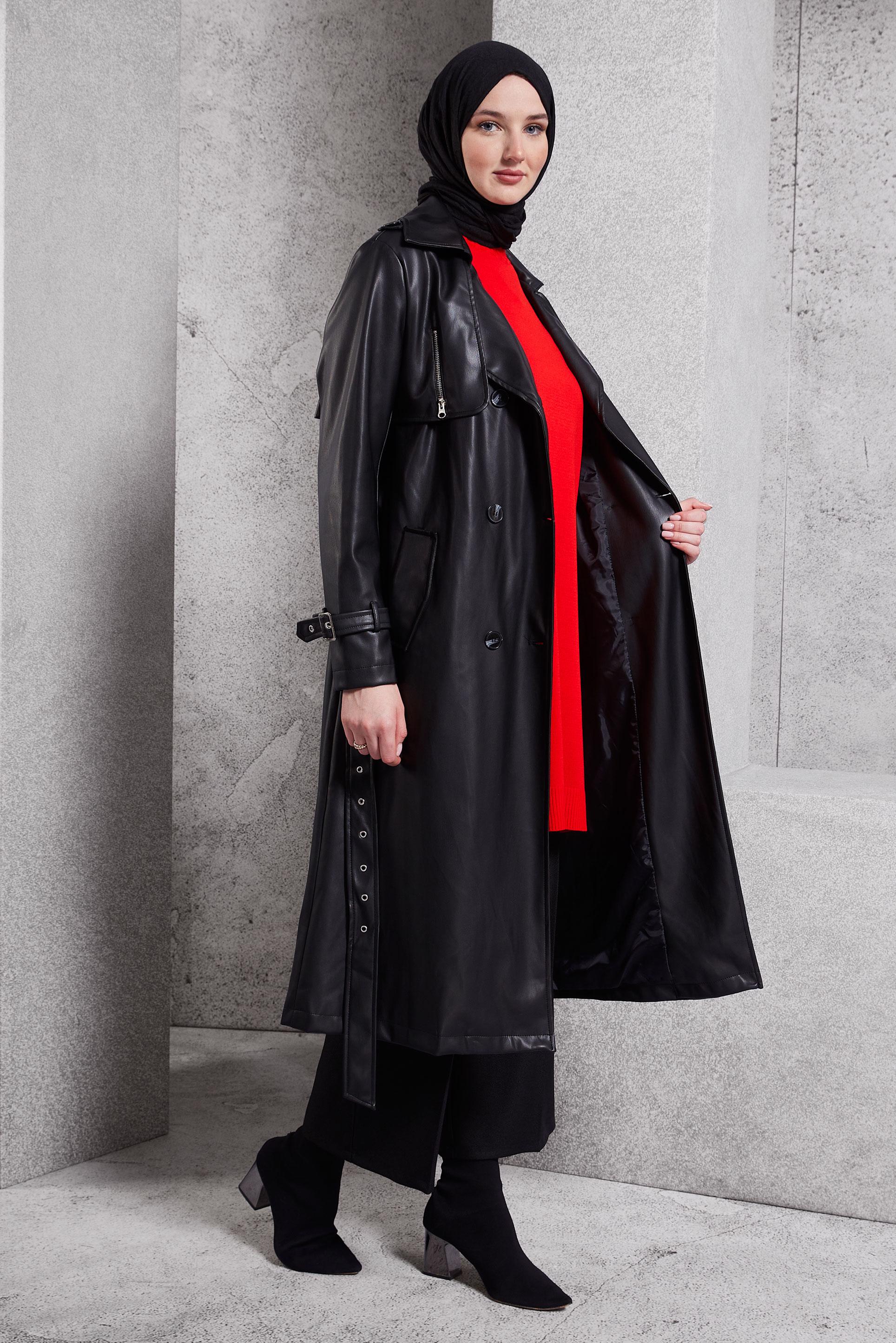 Tesettür giyim SİYAH KEMERLİ SUNİ DERİ TRENÇKOT 10910