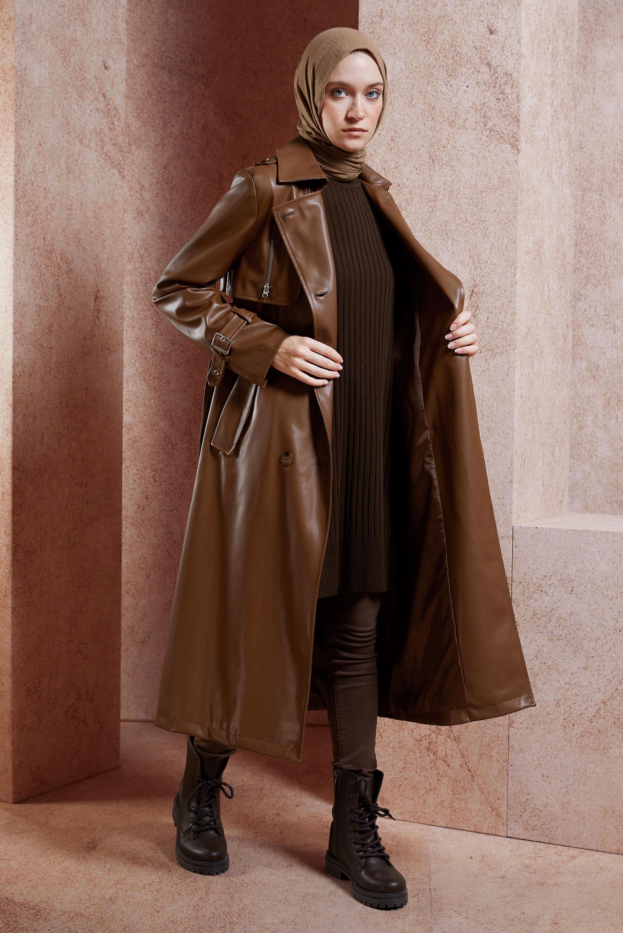 Tesettür giyim TABA KEMERLİ SUNİ DERİ TRENÇKOT 10910