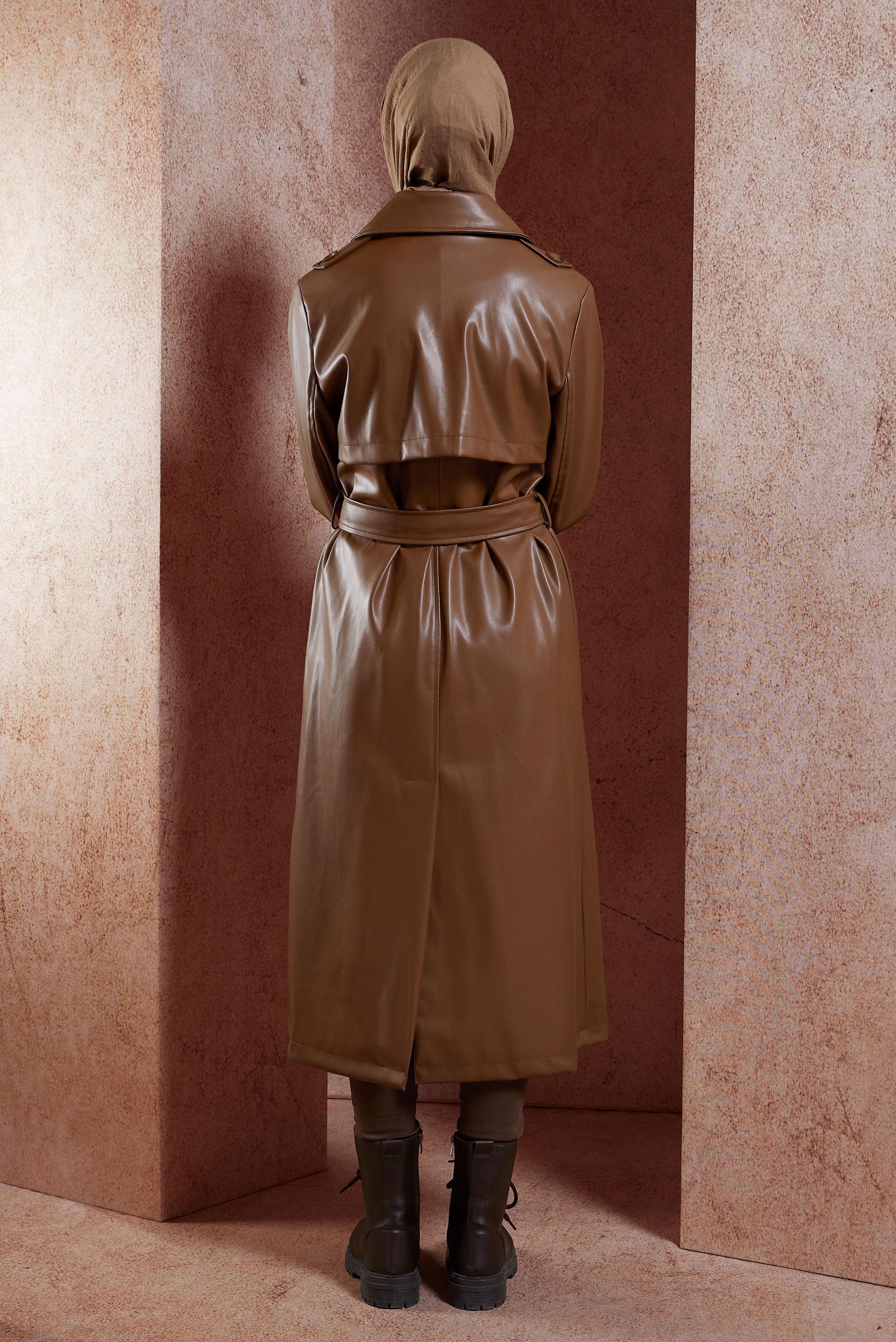 Tesettür giyim TABA KEMERLİ SUNİ DERİ TRENÇKOT 10910