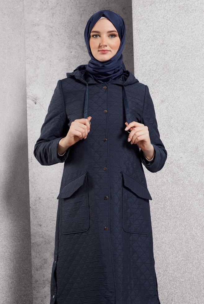 Vêtements hijab BLEU MARINE TRENCH-COAT À CAPUCHE 10912 - ALVİNA