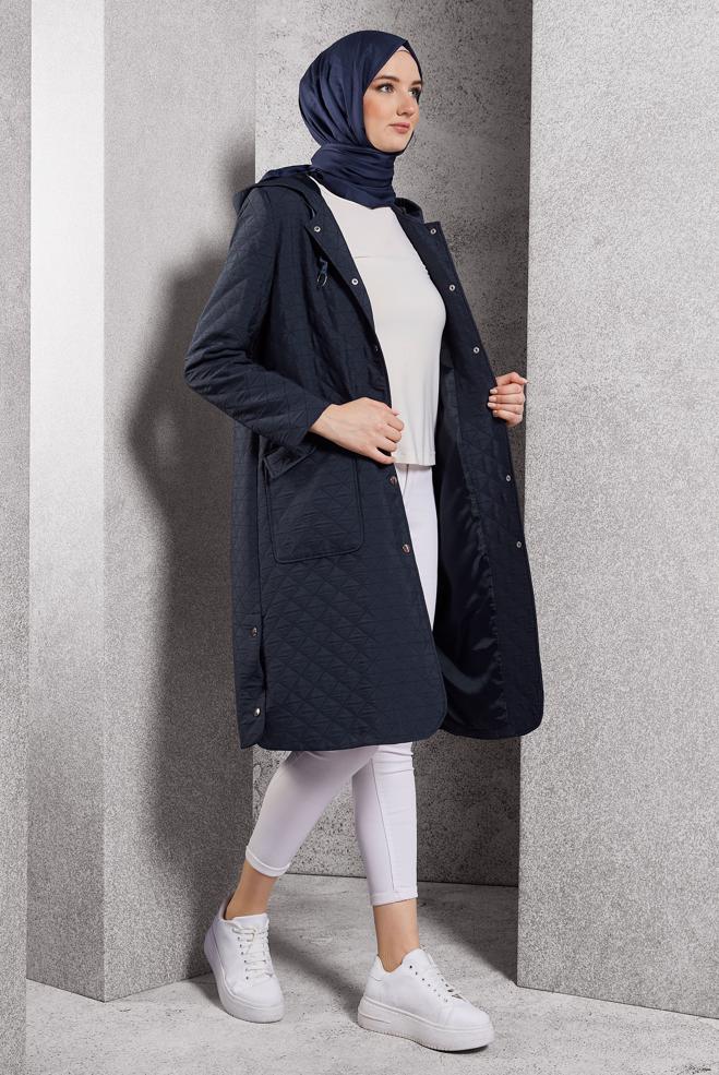 Vêtements hijab BLEU MARINE TRENCH-COAT À CAPUCHE 10912 - ALVİNA