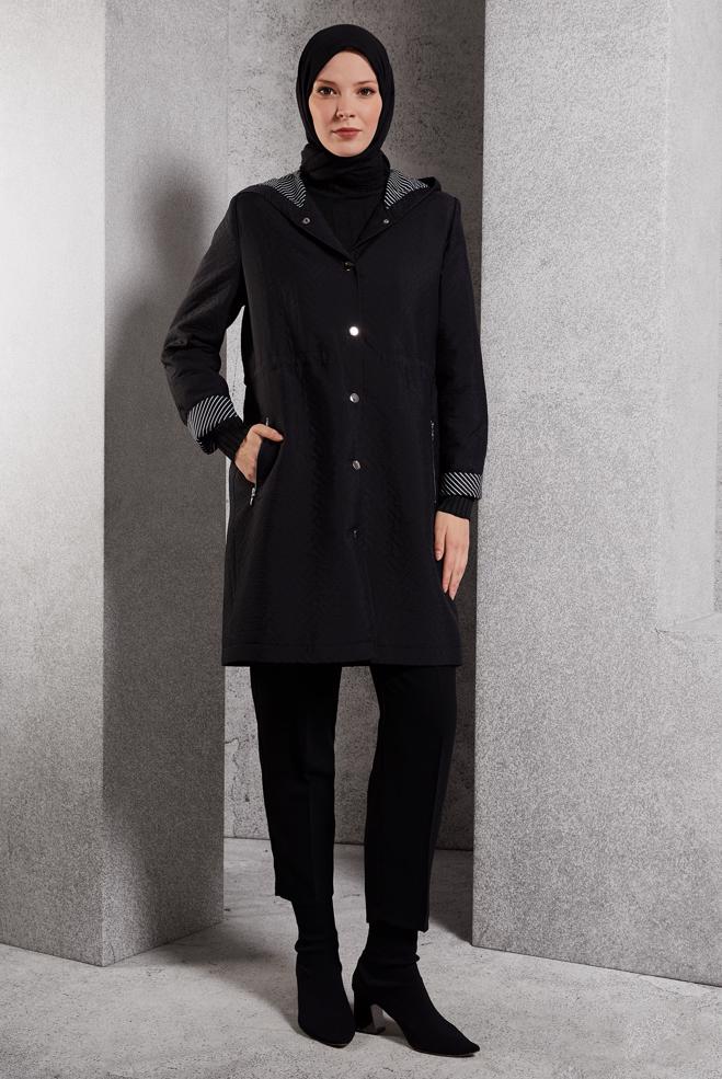 Vêtements hijab NOIR TRENCH-COAT À CAPUCHE 10913 - ALVİNA