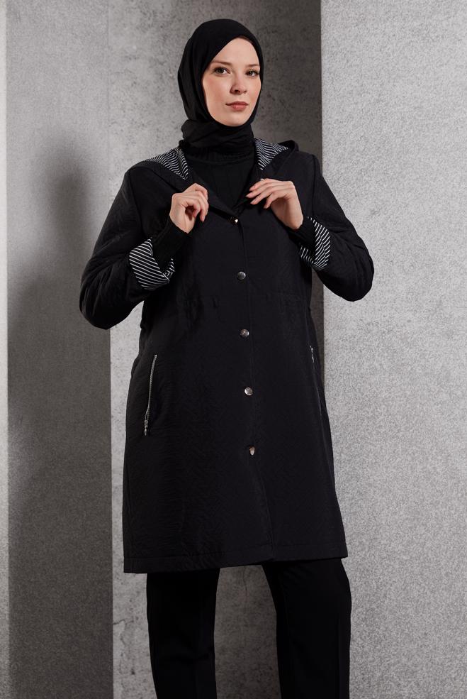 Vêtements hijab NOIR TRENCH-COAT À CAPUCHE 10913 - ALVİNA