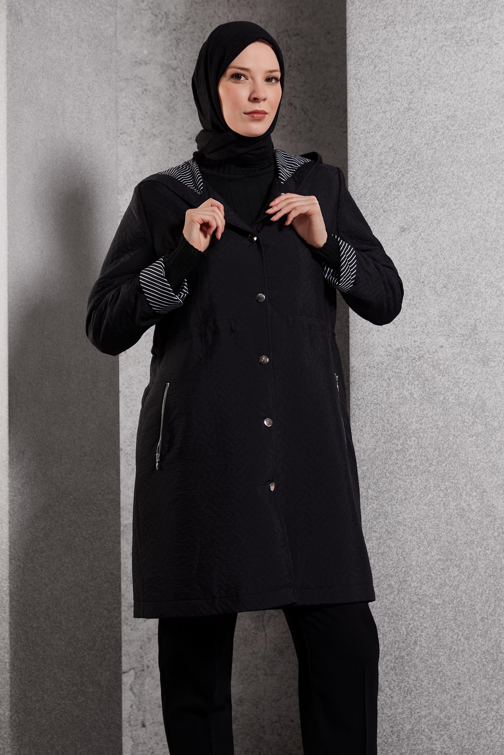 Hijab clothing BLACK HOODED TRENCH COAT 10913