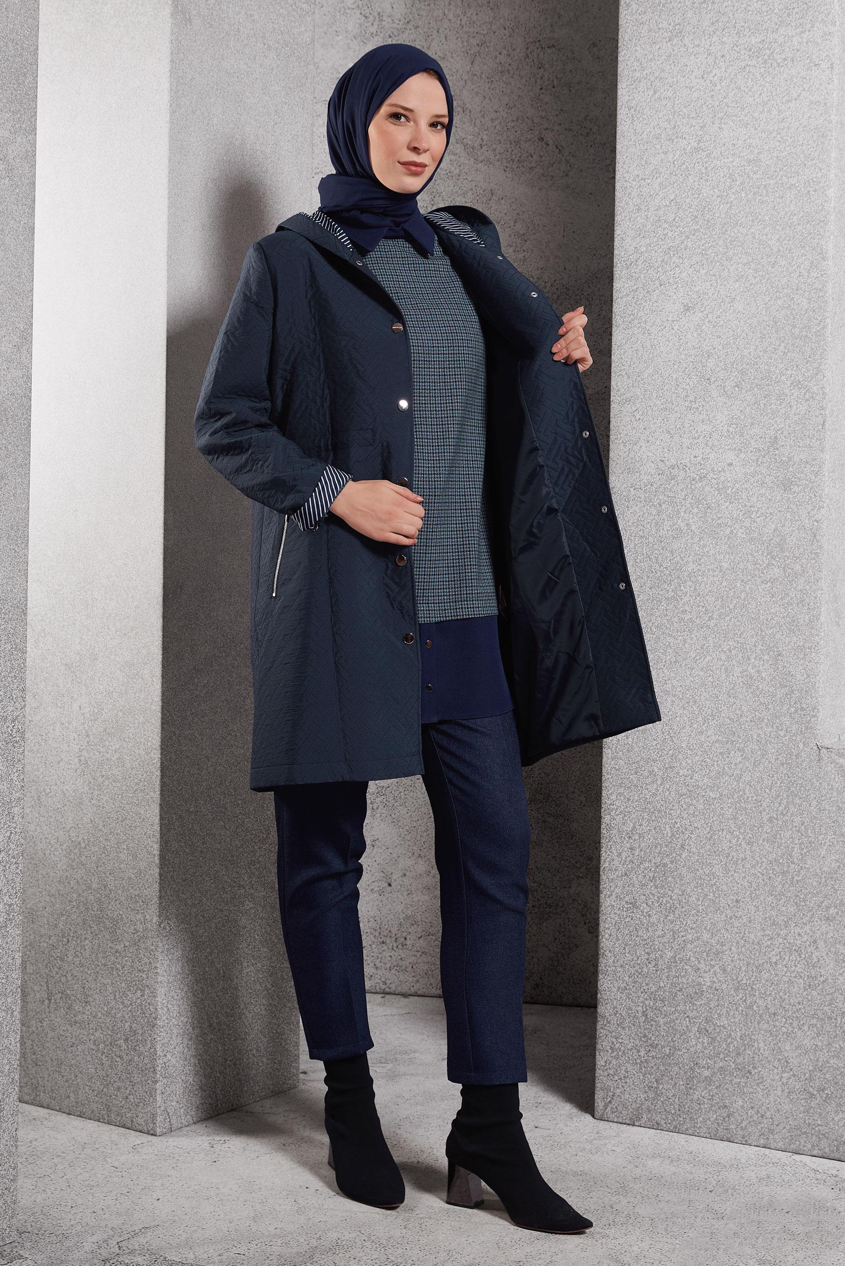 Hijab clothing NAVY BLUE HOODED TRENCH COAT 10913