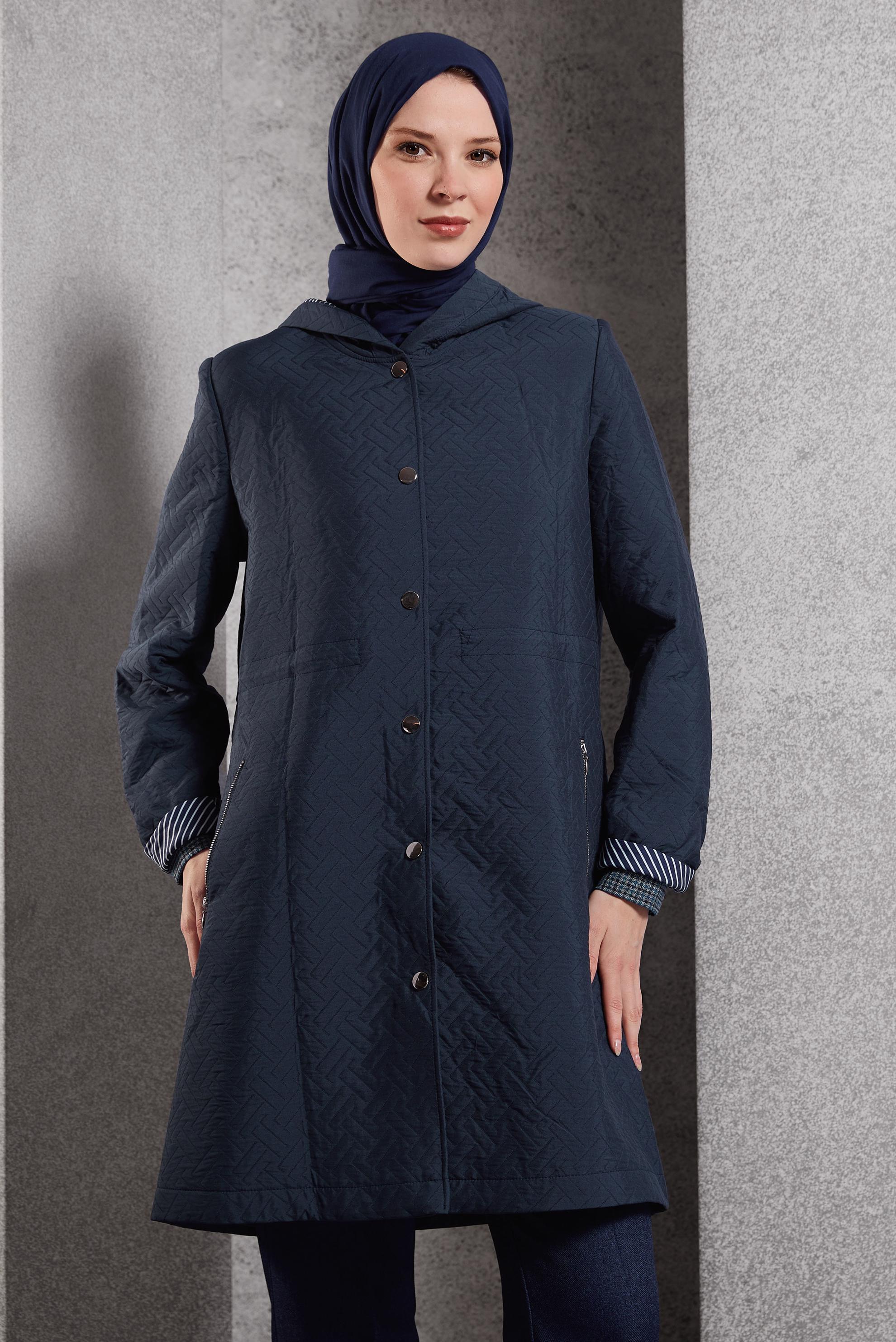 Hijab clothing NAVY BLUE HOODED TRENCH COAT 10913