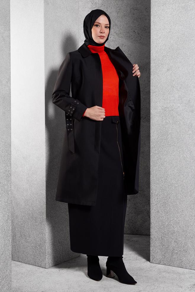 Tesettür giyim SİYAH KEMERLİ TRENÇKOT 10914 - ALVİNA