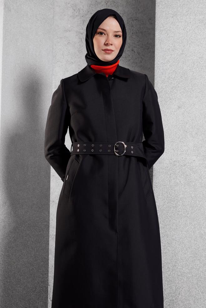 Tesettür giyim SİYAH KEMERLİ TRENÇKOT 10914 - ALVİNA