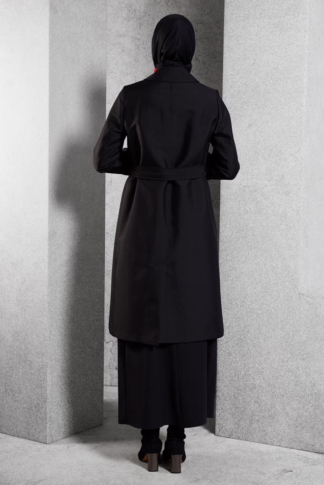 Tesettür giyim SİYAH KEMERLİ TRENÇKOT 10914 - ALVİNA