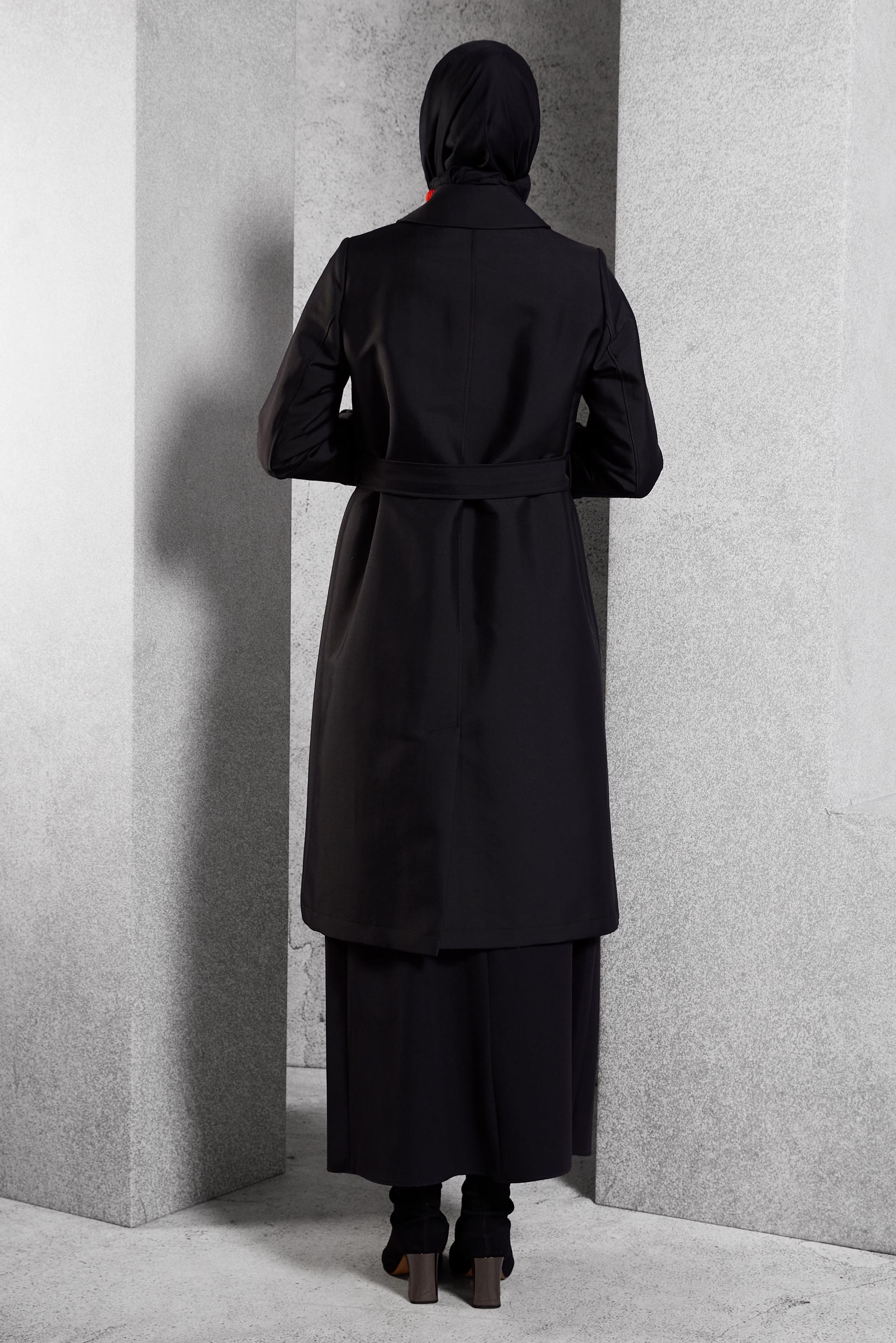 Tesettür giyim SİYAH KEMERLİ TRENÇKOT 10914