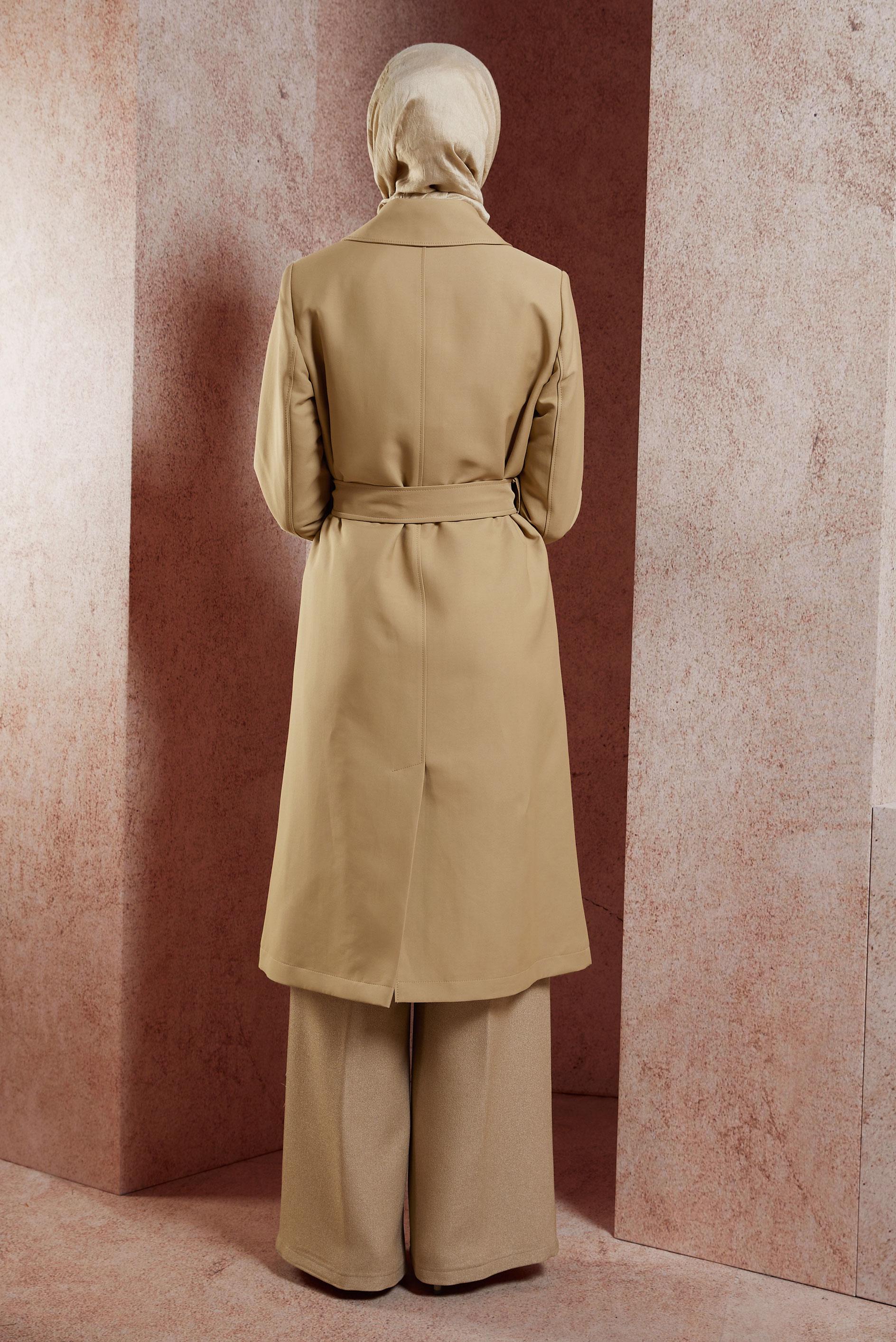 Tesettür giyim KAHVE KEMERLİ TRENÇKOT 10914