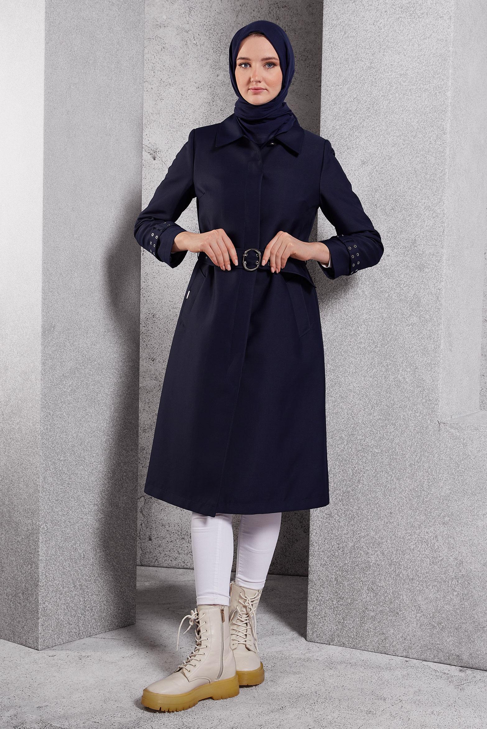 Tesettür giyim LACİVERT KEMERLİ TRENÇKOT 10914