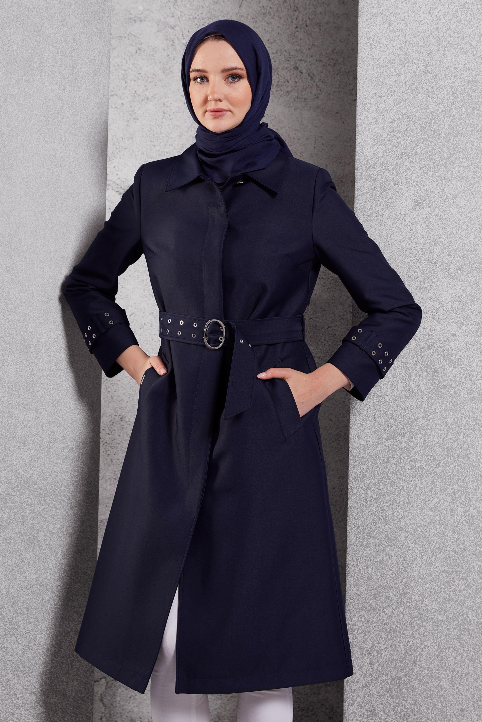 Tesettür giyim LACİVERT KEMERLİ TRENÇKOT 10914