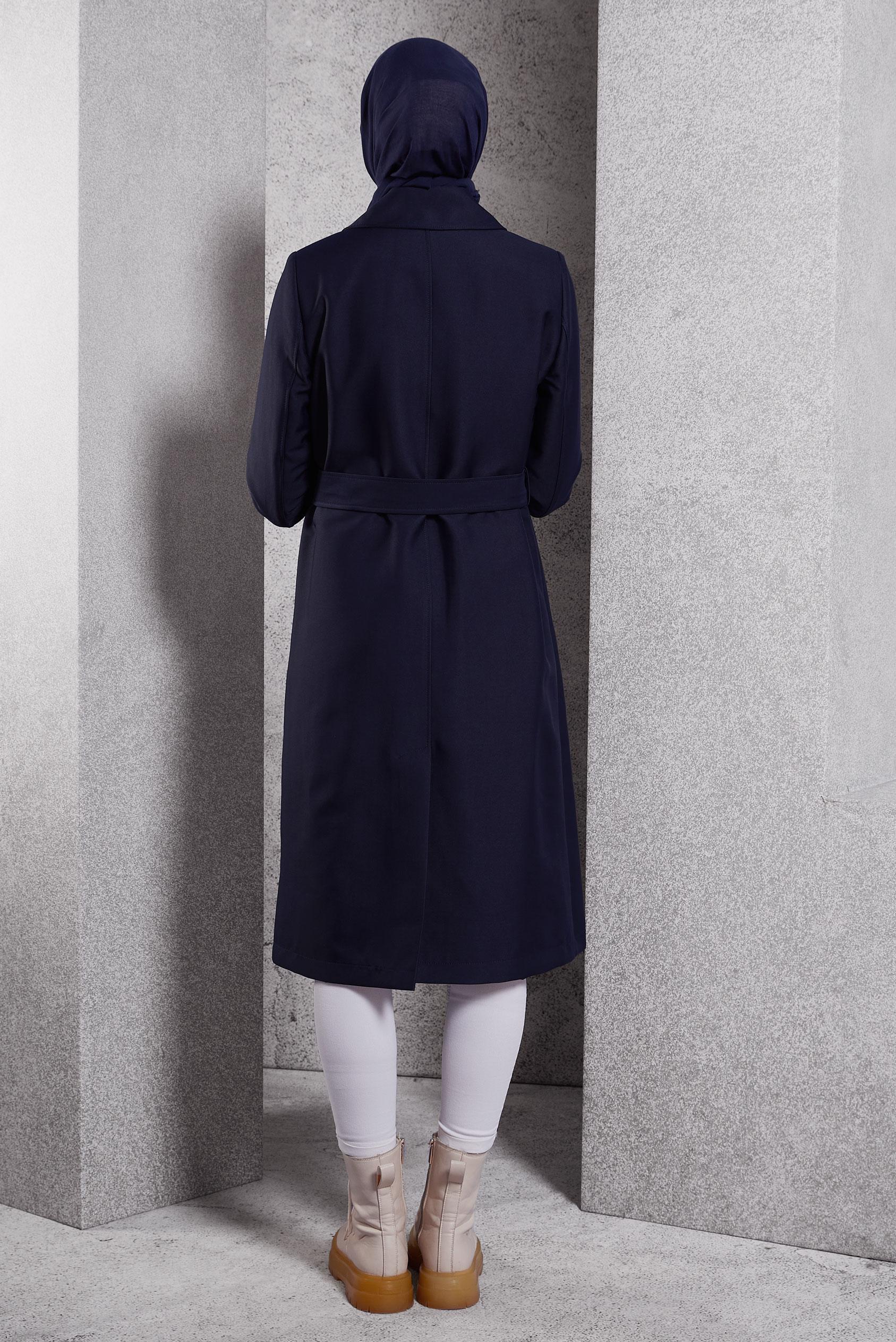 Tesettür giyim LACİVERT KEMERLİ TRENÇKOT 10914