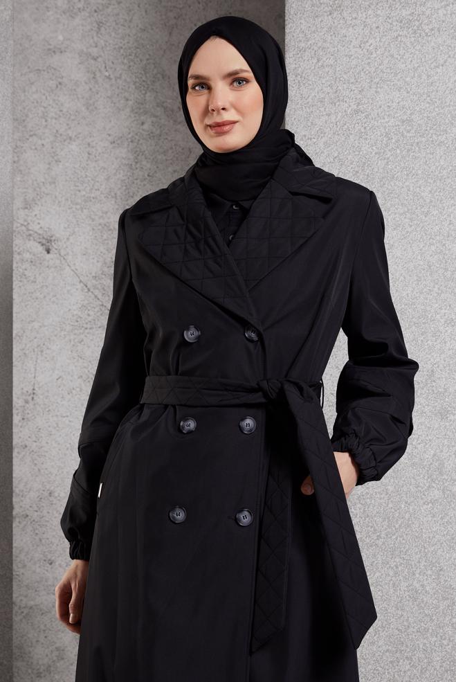Vêtements hijab NOIR TRENCH-COAT CEINTURÉ 10915 - ALVİNA